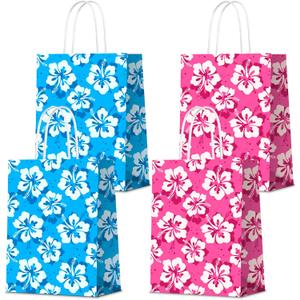 Selivaia 16 PCS Hibiscus Party Favor Hawaiian Themed Paper Bag with Handles Summer Tropical Gift Tiki Luau Treat Hawaii Goodie Bags Kids Birthday Party Supplies