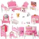 Dollhouse Furniture Set, Complete Room Collection with Kitchen, Dining, Living Room, Bedroom and Bathroom Accessories, Plastic (36-Piece Pink)