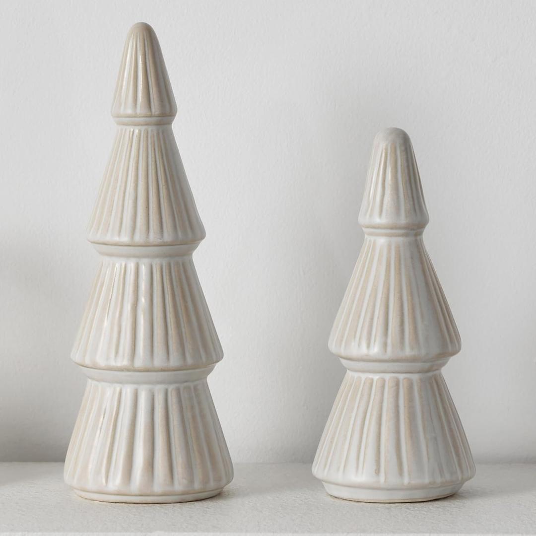 Christmas Decorations, Ceramic Christmas Tree, Small Farmhouse Christmas Decor Trees for Table Top, Mantle, Set of 2 (9.5" H & 7.5" H)
