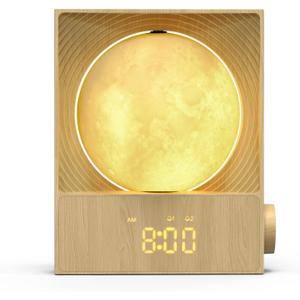 Sunrise Alarm Clock, 360-Degree Rotating Moonlight & 10 White Noise Sounds, Dual Alarm & Snooze for Heavy Sleeper, Timer, Wooden Bedroom Light Gift - Wood