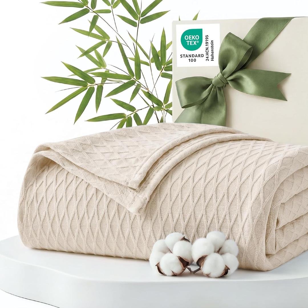 Bedsure Cooling Blanket of Rayon Derived from Bamboo - Lightweight Breathable Cotton Summer Blankets Queen Size for Hot Sleepers, Luxury Throws for Bed, Couch and Sofa, Beige, 90x90 Inches