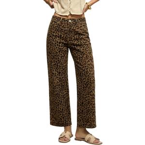 luvamia Wide Leg Jeans Woman Trendy High Waisted Leopard Cheetah Print Ankle Length Stretchy Denim Pants with Pockets (L)