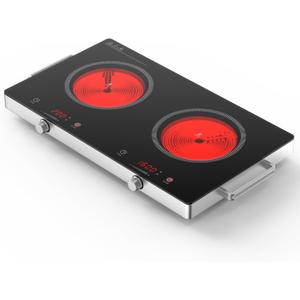 Infrared Double Burner Hot Plate,1800W Portable Electric Cooktop for 110-120V Outlet, Ceramic Glass Top, Knob & Touch Control, 9 Power Levels, Timer, Works with Any Cookware