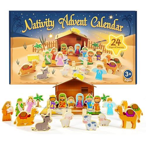 Nativity Advent Calendar for Kids, 24 Day Wooden Nativity Scene for Toddlers with 19 Wooden Figurine and Stable Christian Countdown Gifts for Kids