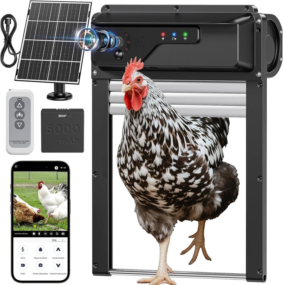 WiFi Automatic Chicken Coop Door with Camera, APP Remote Control, Smart Solar Powered Auto Chicken Door Opener with Timer, Night Vision, Anti-Pinch Safety, Smart Alerts, Space-Saving Roll-Up Design