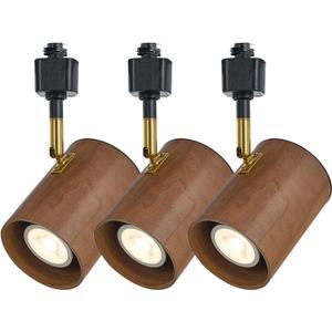Modern H Type Track Lighting, Adjustable Black Finish and Real Dark Wood Lampshade Spotlight Heads, Brass Swivel Item Kit, for Accent Retail-Pack of 3 (Natural Walnut Wood)