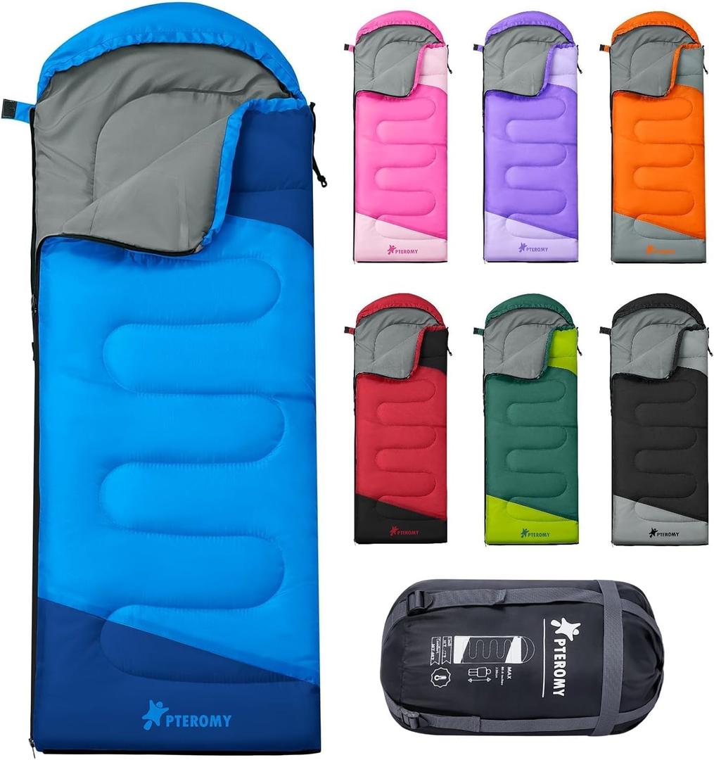 PTEROMY Sleeping Bags for Adults, Lightweight Water Resistant Backpacking Camping Sleeping Bag for Warm Cold Weather, Camping Essentials for Hiking Outdoor Travel (Blue)
