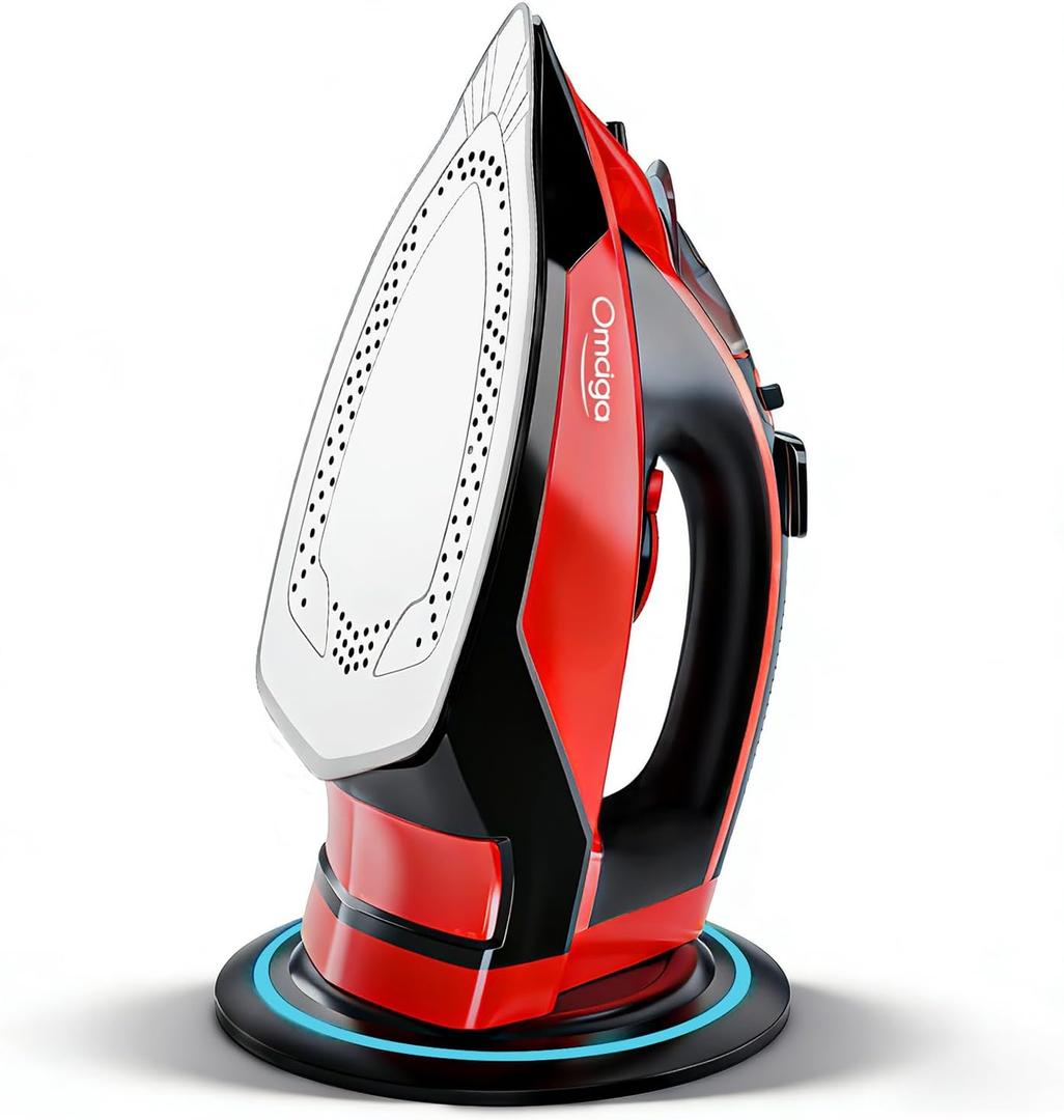 Omaiga 1500W Cordless Iron for Clothes, Wireless Steam Iron with Rapid Heating & Auto Shut Off, for Effective Wrinkle Removal (Red)