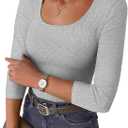 Womens 3/4 Sleeve Scoop Neck Top Ribbed Knit Slim Fitted Casual Basic Tee Shirts 2025 Fall Trendy Work T-Shirt Outfits (Medium, Grey)