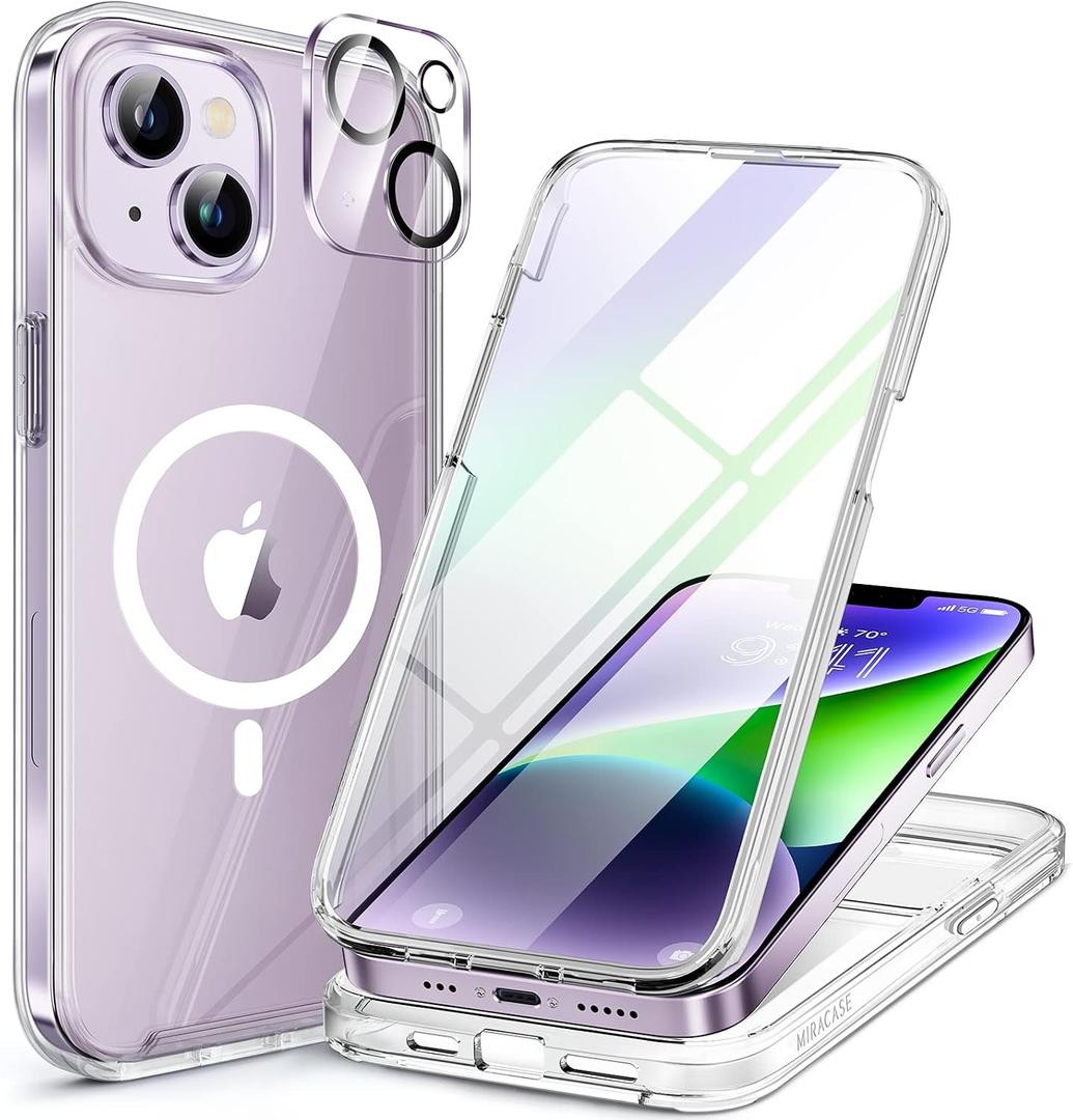 Miracase Magnetic for iPhone 14 Case 6.1'', [Bubble Free] Full-Body Bumper Phone case with Built-in Full Glass Screen &Lens Protector,No Gap,Compatible with MagSafe,Drop Proof 14 Cover,Clear