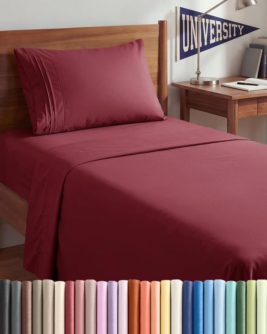 Twin XL Size 3 Piece Sheet Set - Comfy Breathable & Cooling Sheets - Hotel Luxury Bed Sheets for Women & Men - Deep Pockets, Easy-Fit, Soft and Wrinkle Free Sheets - Burgundy Oeko-Tex Bed Sheet Set