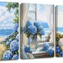 XLMDYYSW Hydrangea Wall Art Set of 3 Rustic Floral Canvas Print Blue Beach Seascape Painting Prints Coastal Artwork for Bathroom Living Room Bedroom Framed (Blue, 12.00" x 16.00" x 3PCS)