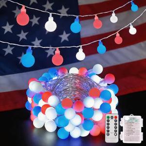 YEGUO Globe String Lights Battery Operated, 33ft 100 Led 4th of July Light Outdoor Waterproof, 8 Modes Hanging Fairy Lights Indoor with Remote for Patriotic Decor(Red White and Blue)