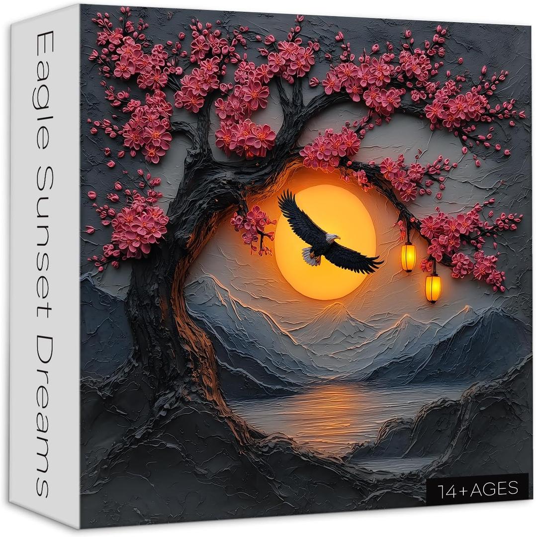 Eagles Jigsaw Puzzle 1000 Pieces, Cherry Blossom Puzzles for Adults Bird Animals, Larkipuzz Hard Difficult Sunset Landscape Theme as Wall Decor