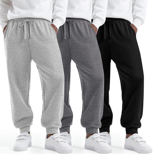 LessonZoo 3 Pack Boys Sweatpants Athletic Joggers Drawstring Stretchy Active Straight Pants with Pockets Fall, Size XL