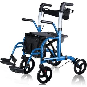 WINLOVE 2 in 1 Rollator Walkers for Seniors with Padded Seat- Medical Transport Chair Walker with Adjustable Handle and Reversible Backrest (Blue) (Blue)