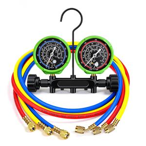 HVAC Manifold Gauge Set with 5FT Hoses, (PSI F) A2L Compatible, Fits R32 R454B R410A R22 Refrigerant, Precision Pressure & Temperature Dial, Forged Brass Body with Needle Valve