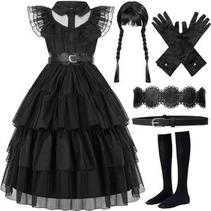 Girls Black Princess Halloween Costume Halloween Dress Up Cosplay Party Outfit for Girls Kids with Wig Belts Gloves (9-10Y)
