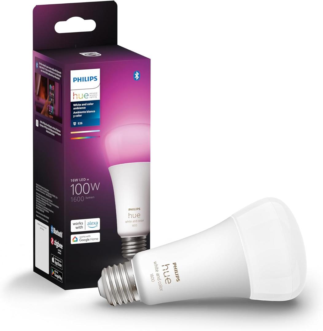 Philips Hue Smart 100W A21 LED Bulb - White and Color Ambiance Color-Changing Light - 1 Pack - 1600LM - E26 - Indoor - Control with Hue App - Works with Alexa, Google Assistant and Apple Homekit