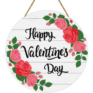 Valentines Door Decor Happy Valentines Day Sign Red Pink Rose Wall Decor Wooden Wreaths for Front Door Hanger Hanging Sign for Porch Wall Indoor Home Decor