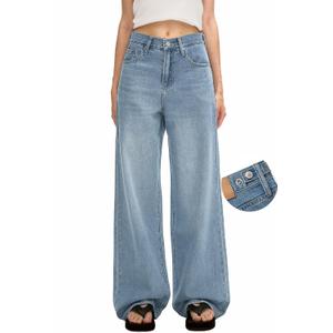 Women's Adjustable Waist Baggy Jeans with Snap-Button Waistband Wide Straight Leg High Rise Jeans Denim Pants Y2K Trousers, 25