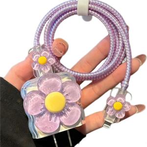 Charger Cover for iPhone Cord Protector with Cute 3D Flower Design,Soft Girly Floral Charging iPhone iPad Charger Protector,Kawaii Data Cable Saver for iPhone 18W/20W Charger-Purple