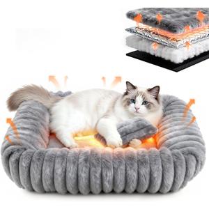 Cat Beds for Indoor Cats, Square Self Warming Cat Bed Orthopedic Pet Bed with Pillow Super Soft Rabbit Fur Small Dog Beds, Calming Plush Kitten Bed with Removable Washable Cover & Anti-Slip Bottom