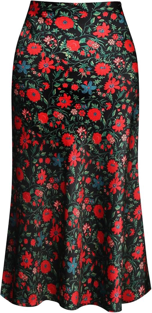 Keasmto Leopard Skirt for Women Midi Length High Waist Silk Satin Elasticized Cheetah Casual Ladies Skirts (XL, Floral)