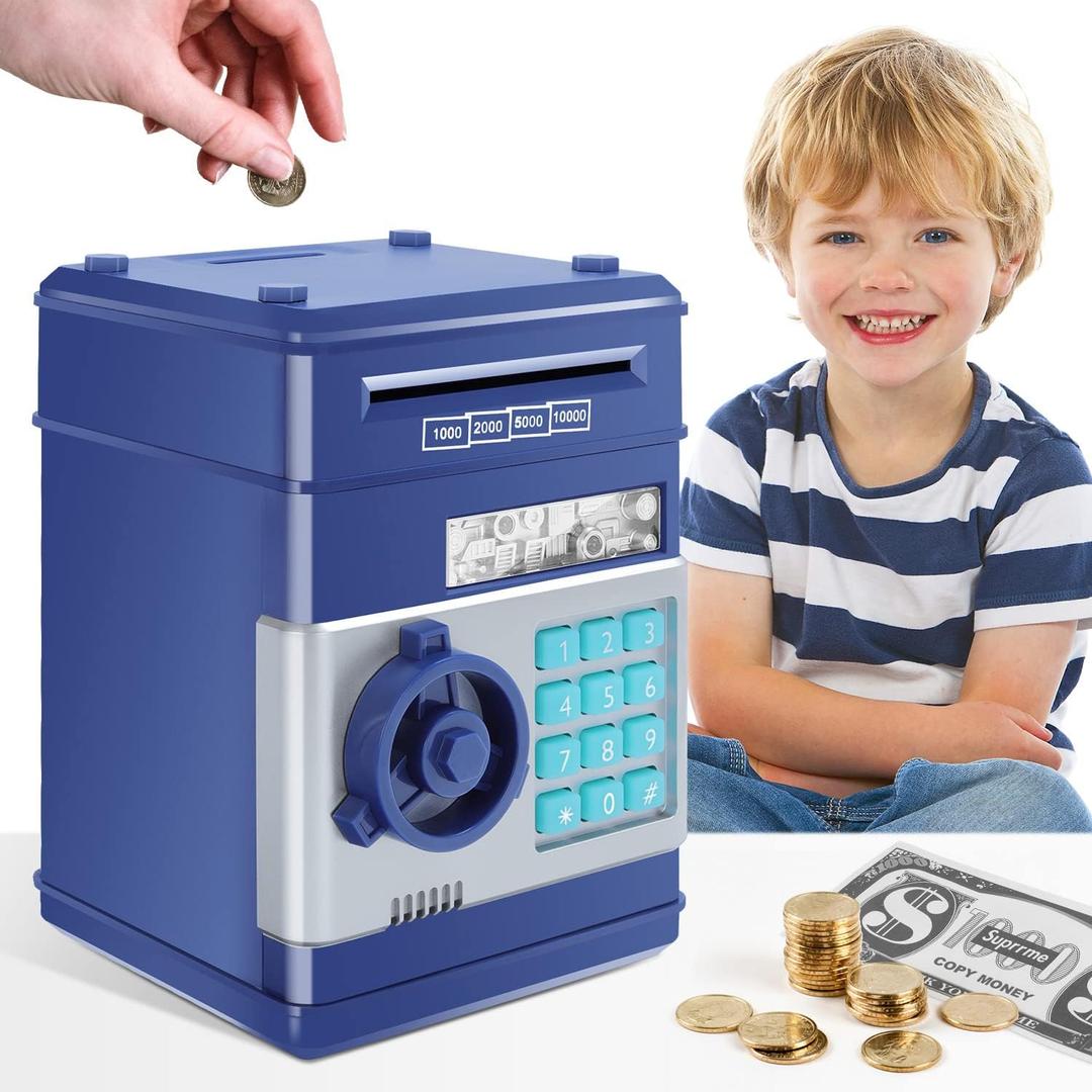 GuDoQi Piggy Bank for Boys Electronic Coin Money Bank Toy for 3 4 5 6 7 8 9 10 Year Old Children, Mini ATM Cash Coin Saving Box for Birthday Gifts Kids Age 3-10, Navy