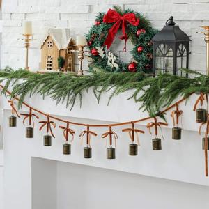 3.94 ft Christmas Cowbells Garland Velvet Bow Cowbells Hanging Decor Christmas Rustic Bronze Vintage Jingle Bells String for Xmas Wall Door Window Fireplace Decoration(Brown)