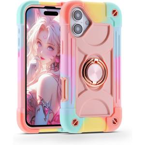 MARKILL Compatible with iPhone 16 Case 6.1 Inch with Ring Stand, Military Grade Drop Protection Full Body Rugged Heavy Duty Case 3 in 1 Protective Durable Cover for iPhone 16 (Rainbow Pink)