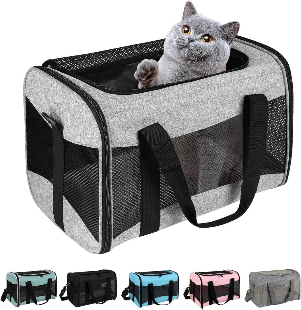 Cat Carrying Case - Pet Carrier Airline Approved, Protable and Breathable Pet Travel Carrier Removable Fleece Pad, Collapsible Cat Carrier Dog Carrier for Medium Cats Small Cats Dogs (Grey&Black M) (17.0"L x 11.0"W x 11.0"H)