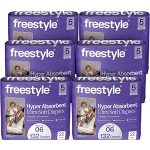 Freestyle BambooTek Diaper (Size 5) Hyper Absorbent & Non-Toxic Disposable Diaper for Sensitive Skin Ultra Soft Diapers (25+ lbs) 132 Count
