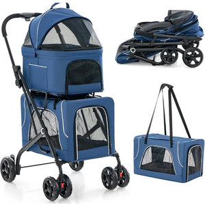 PETSITE Double Dog Stroller, Foldable 3-in-1 Cat Stroller with 2 Detachable Carriers, Safety Belt, Washable Cover, Removable Pads, 4 Wheels Travel Pet Stroller for Small Medium Dogs Cats (Blue)