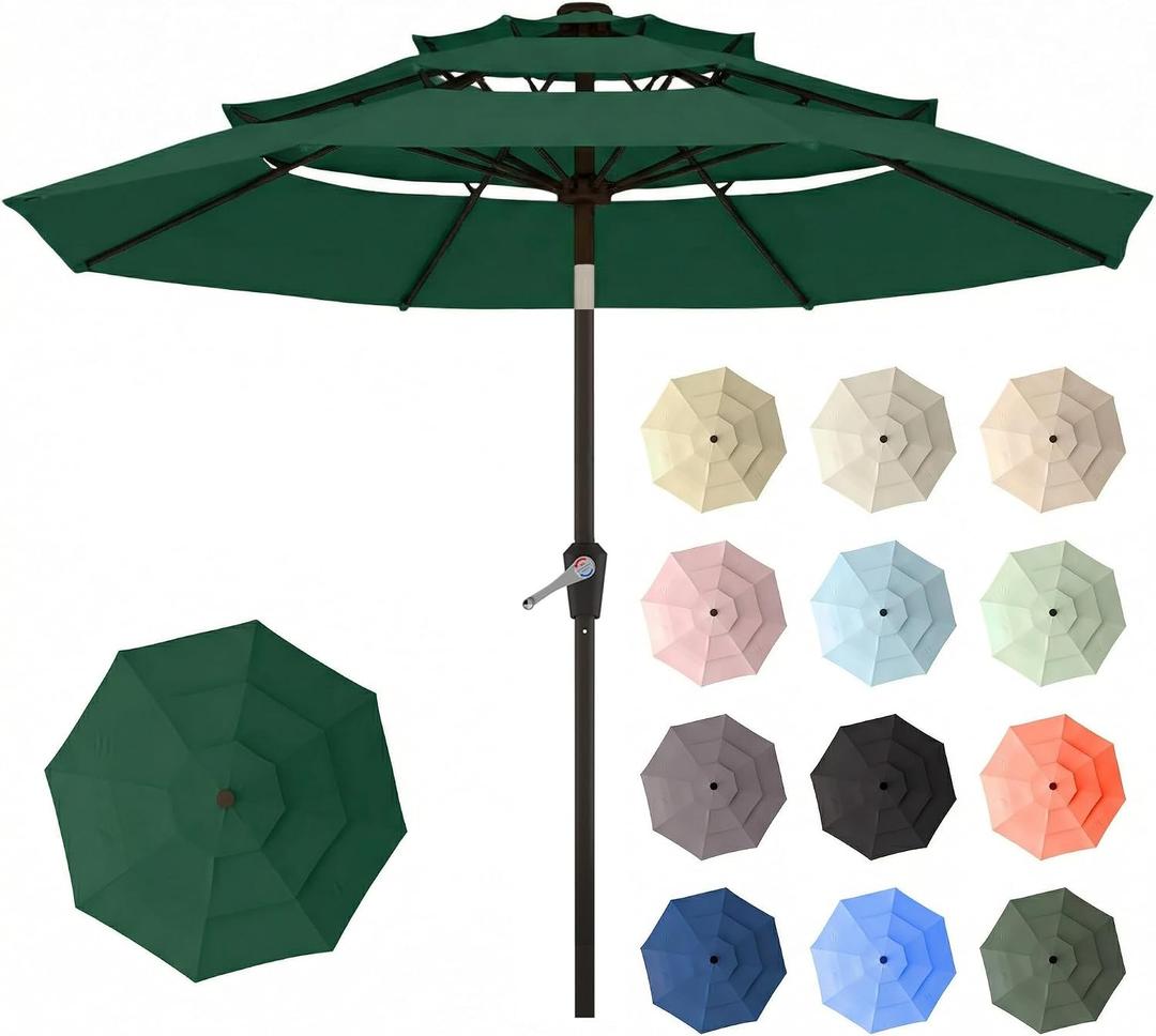 10ft Patio Umbrella, 3 Tier Outdoor Market Table Umbrellas with 8 Fiberglass Ribs and Push Button Tilt, Windproof, Vented Canopy, UV Protection for Deck, Pool, Backyard