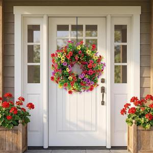 21'' Artificial Wreath for Outdoor Indoor UV Resistant Fake Plastic Plants Faux Flowers Daisy with Eucalyptus Leaves for Home Garden, Porch, Window Box, Front Door, Mix for Fuchsia Purple Yellow Red