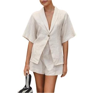 Milumia Women's 2 Piece Outfit Button Front Collared V Neck Short Sleeve Shirt Shorts Sets (Beige, L)