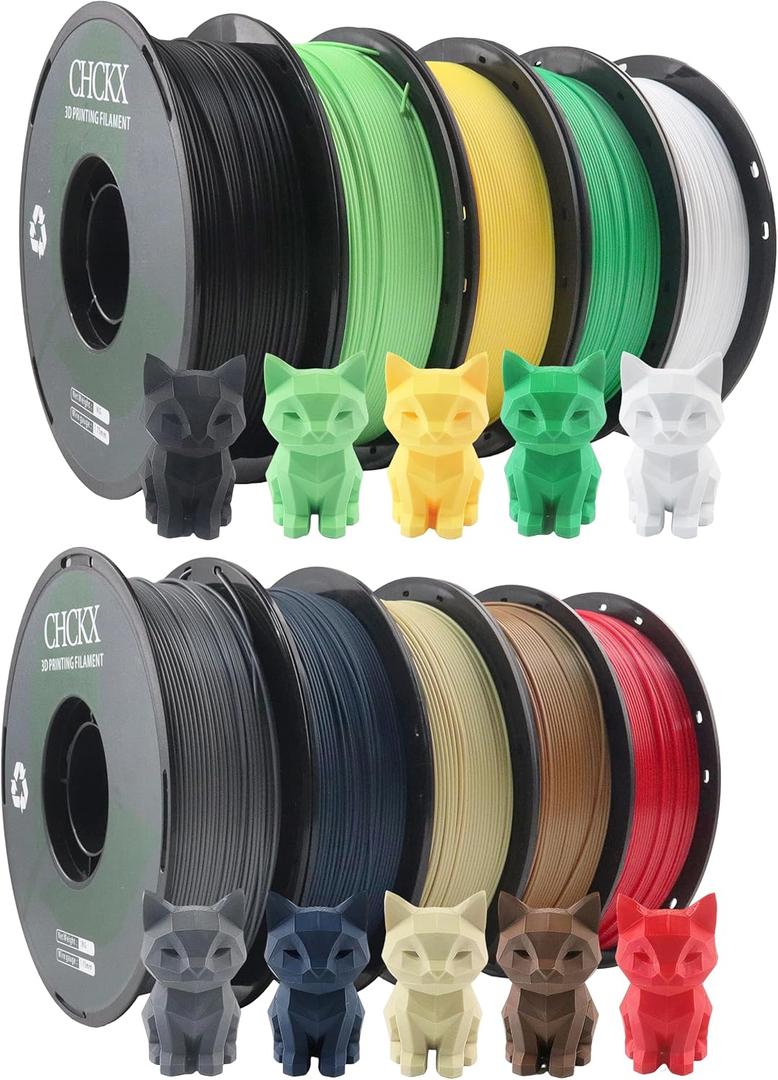 10 Pack PLA 3D Printer Filament Bundle, Dimensional Accuracy +/- 0.02 mm, 1kg Spool(2.2lbs), 1.75 mmBlack White Grey Red Green Blue Yellow Brown Lemon Green Ice Cream