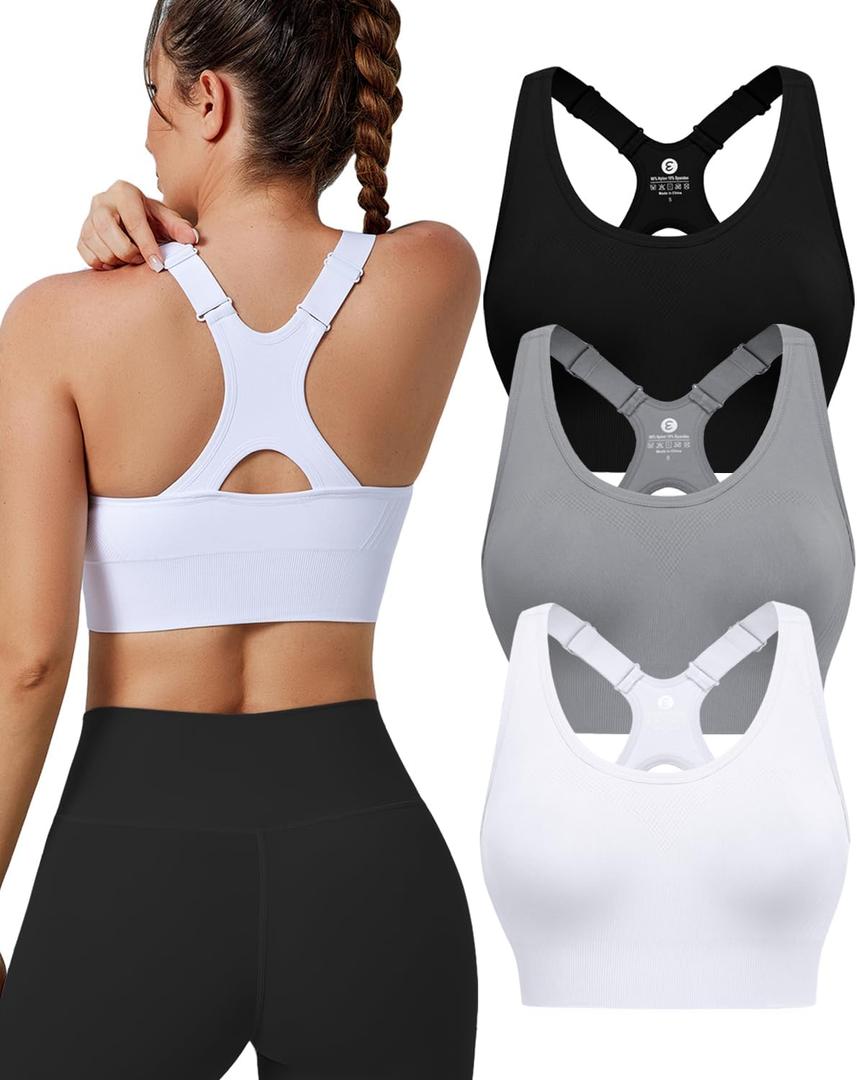 Evercute High Impact Sports Bras for Women 3 Pack, Adjustable Straps Padded Supportive Seamless Racerback Running Bras (L)