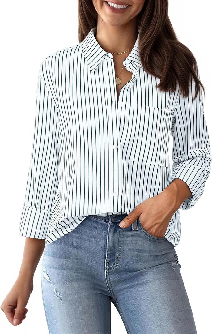 Striped Button Down Shirts for Women Cotton Dress Shirts Long Sleeve Collared Blouses Work Business Casual Tops