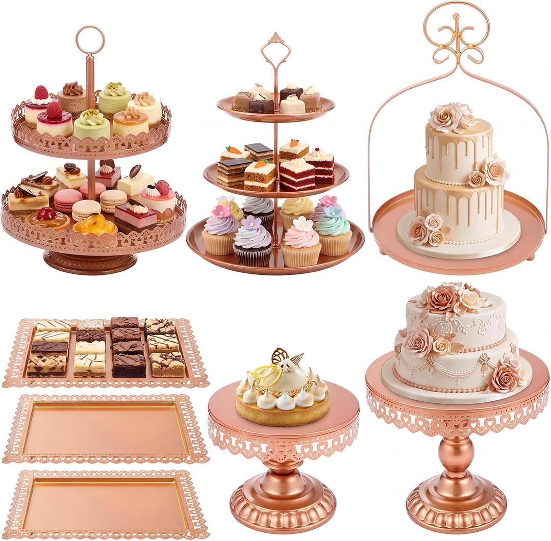 Lallisa 8 Pcs Cake Stands Set Metal Dessert Table Display Tiered Cupcake Holder Candy Donut Fruit Plate Cake Serving Tray with Handle Treats Serving Tower for Wedding Birthday Party(Rose Gold)
