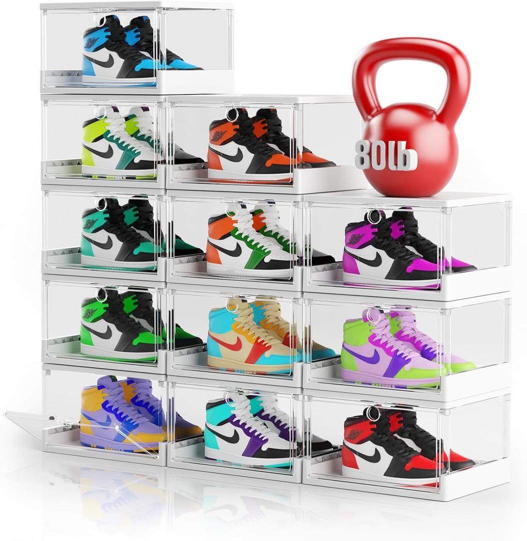 Thicken & Sturdy Clear Shoe Boxes with Magnetic Door, 12 Pack Stackable Boxes for Closet, Sneaker Storage for Sneakerhead, Shoe Display Case, Boots and Hat Organizer, Fits US Size 13 Thicken & Sturdy Clear Shoe Boxes with Magnetic Door, 12 Pack Stackable Boxes for Closet, Sneaker Storage for Sneakerhead, Shoe Display Case, Boots and Hat Organizer, Fits US Size 13