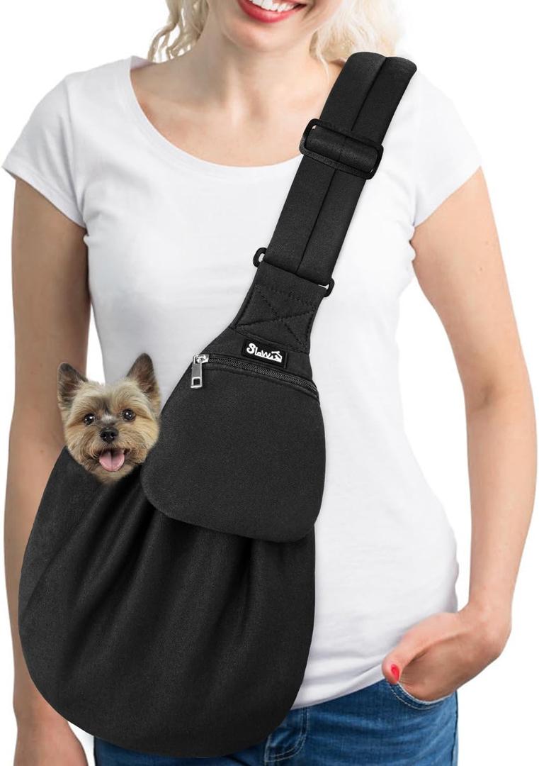 SlowTon Dog Carrier Sling - Thick Padded Shoulder Strap Adjustable Dog Carriers for Small Dogs, Puppy Carrier Purse for Pet Cat with Front Zipper Pocket Safety Belt Machine Washable (Dark Black, M)