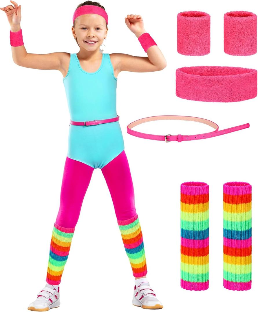 Cuffbow 6 Pcs Kids 80s Workout Costume Accessories Set Include Neon Leotard Legging Leg Warmers Wristband Headband Belt (2-3 Years)