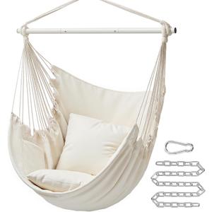 SONGMICS Hammock Chair, Load Capacity 500 lb, Hanging Chair with 2 Cushions, Large Hammock Swing with Chain and Pocket, for Indoor, Outdoor, Living Room, Bedroom, Cream White UGDC197M01