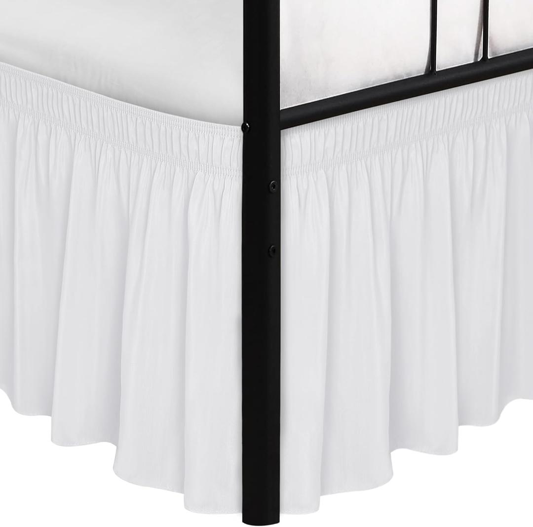Biscaynebay Wrap Around Bed Skirts with Split Corners for Queen Beds 12" Drop, White Adjustable Elastic Dust Ruffles Easy Fit Wrinkle & Fade Resistant Silky Luxurious Fabric Machine Washable