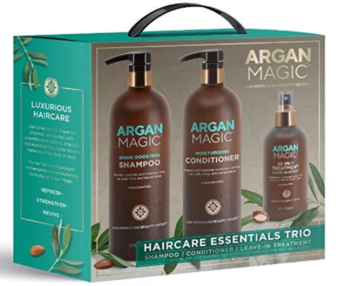 ARGAN MAGIC Hair Care Essentials Trio - Shine Boosting Shampoo | Moisturizing Conditioner | 10 in 1 Leave in Spray | Restores Shine & Elasticity | Hydrates | Detangles, (32 oz / 8 oz)