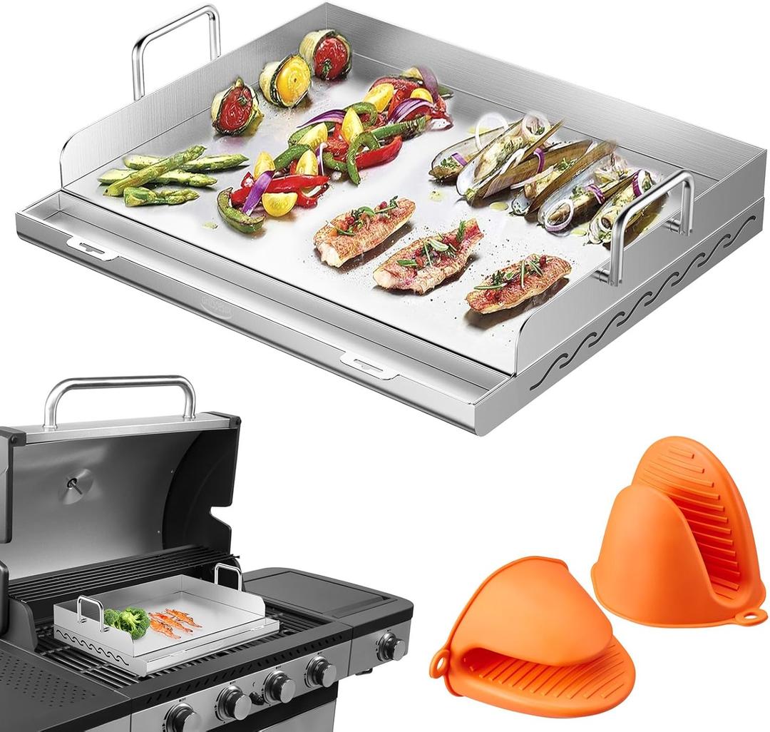 Griddle for Gas Grill- Stainless Steel Griddle, Flat Top Grill with Removable Grease Tray, Stove Top Griddle Pan for Charcoal Grill, Griddle Cooking Plate for Outdoor Grilling (23" x 16" x 2.2")