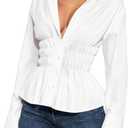 Women Long Sleeve Button Down Fitted Shirts Collared Cinched Waist Tops Office Work Blouse (Small, White)