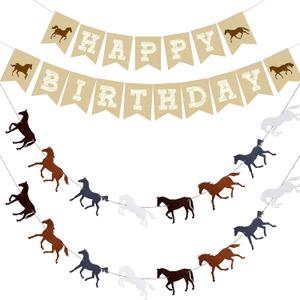 3 Pcs Horse Birthday Banner Party Decorations Derby Racing Horse Banner Paper Bunting Garland Farm Theme Decor for Present Birthday Wedding Party Supplies, Pre Assembled Hanging Decoration